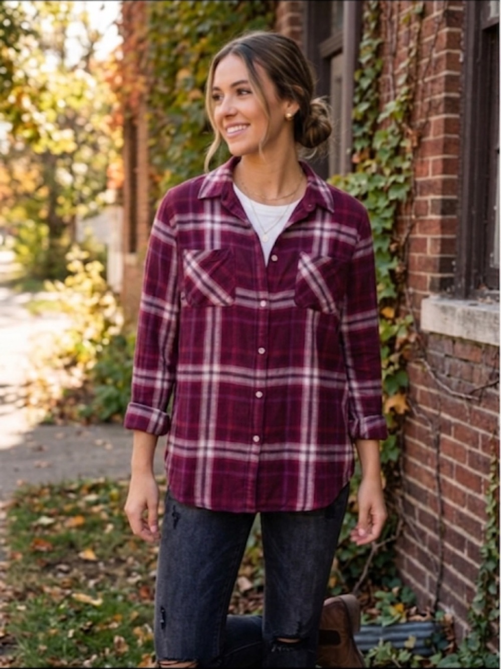 Mossimo Supply Co. Burgundy Plaid Button-Up Shirt